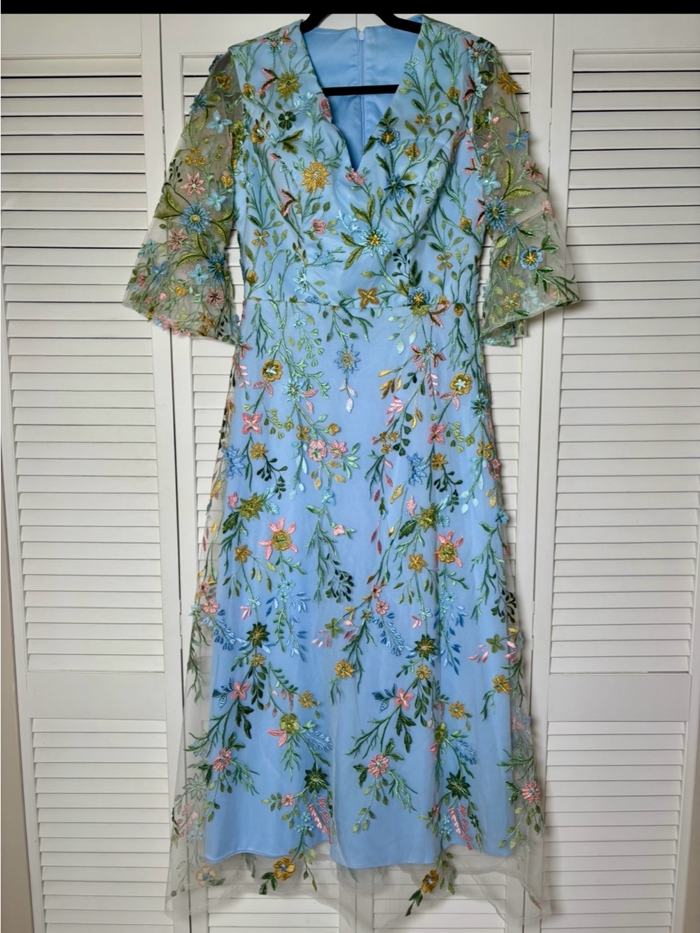 NWT Floral Embroidered Sky Blue Tulle Midi Dress Romantic Garden Party 8 - Picture 2 of 4